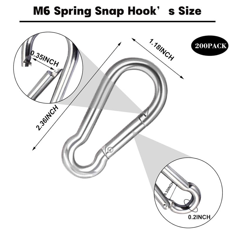 HANDRERLEE 200PCS 2.36'' Spring Snap Hook, M6 1/4Inch Galvanized Silver Steel Carabiner Clip, Small Carabiner Clip 260LBS Holding Capacity Quick Link Clip Keychain for Hammock Dog Leash & Camping Gym - Image 2